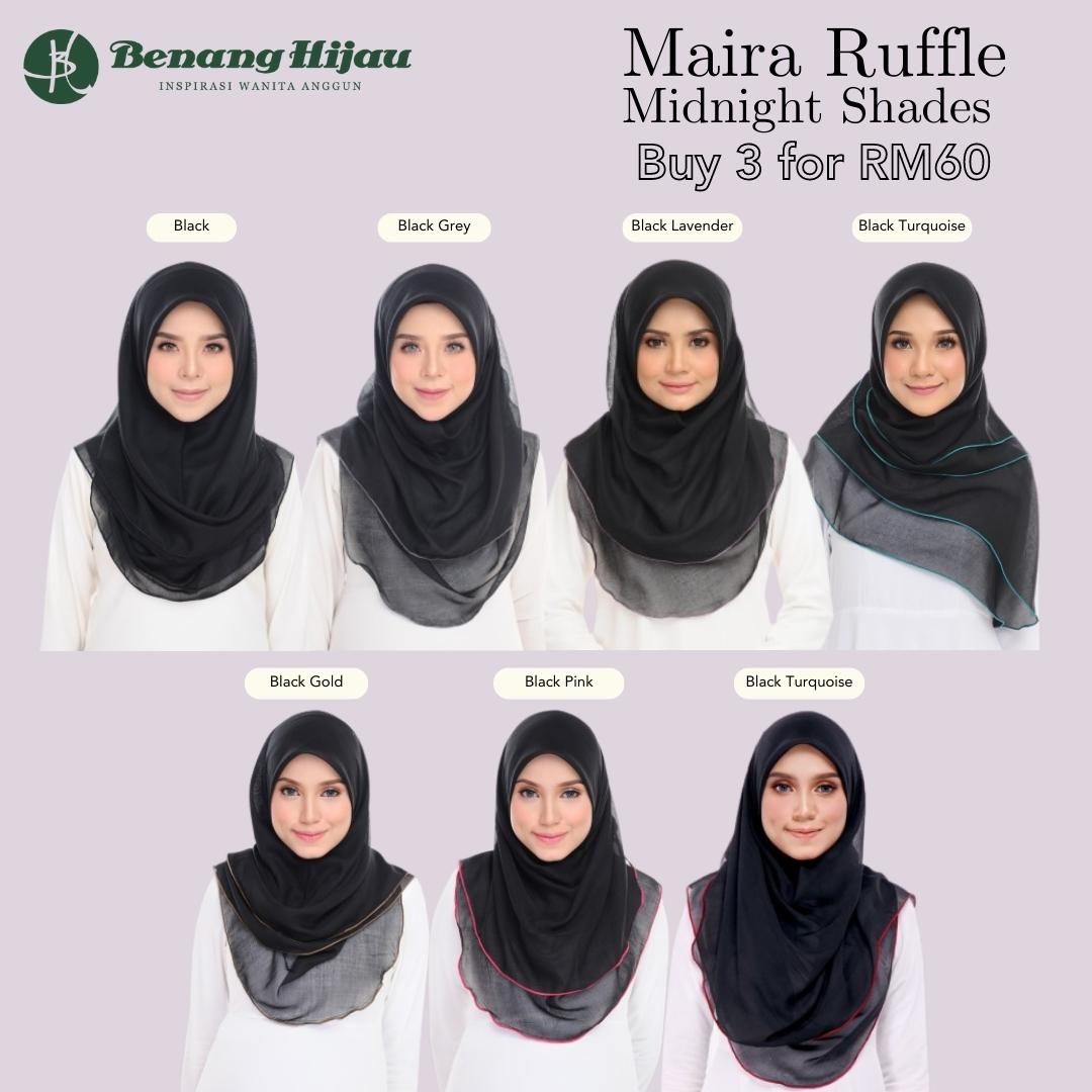 Tudung Bawal Maira Ruffle - Midnight Shades