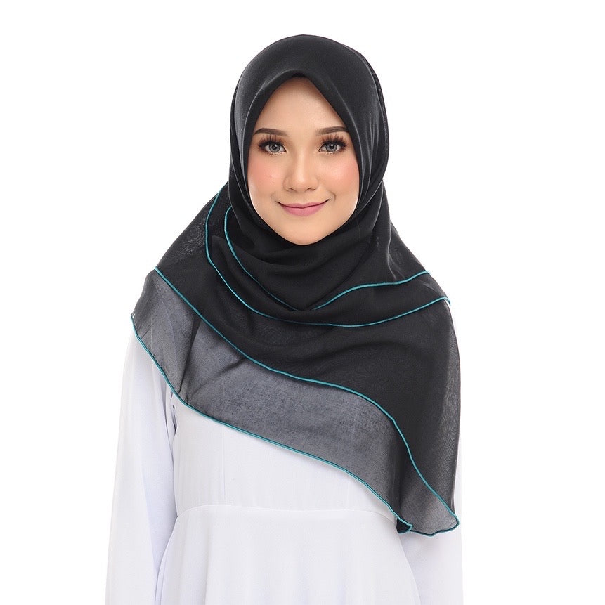 Tudung Bawal Maira Ruffle - Black Turquoise